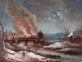 A village fire at dusk Bodycolour 17.75 x 22.25cm With another similar by a different hand c.1750 (2) by Johann Martin Däubler, watercolor, sold Dec 2015