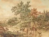 A Herdsman and lady fording a river Signed and dated 1790 verso Watercolour 18.5 x 24.75cm by Jacob Cats, 1790, Watercolour, offered Dec 2015
