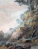 Figures by a mill in a rocky landscape Bodycolour 36.3 x 28.3cm by Philip James de Loutherbourg, watercolor, offered Dec 2015