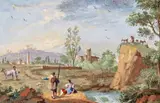 Travellers by a river, a town beyond Bodycolour 16.5 x 25.5cm by J. C. Wissing, watercolor, offered Dec 2015