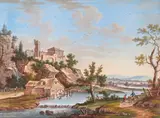 River landscape with figures by a watermill Bodycolour 22.25 x 30.25cm by Ambrosius Gabler, watercolor, offered Dec 2015