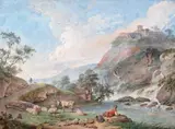 An angler in a river landscape Signed and dated 1794 Bodycolour 19.75 x 27cm by Daniël Dupré, 1794, watercolor, sold Dec 2015