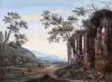 Figures by a ruined aquaduct Signed Bodycolour 22.75 x 30.25cm by Jean Augustin Renard, watercolor, sold Dec 2015