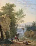 A woman on a donkey by a waterfall with a peasant and livestock Bodycolour 47.75 x 36.75cm by Joseph Augustus Knip, watercolor, offered Dec 2015