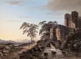 A ruined Castle entrance and bridge Signed and titled indistinctly verso Bodycolour 34.5 x 47cm by Thomas Walmsley, watercolor, offered Dec 2015