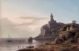 Light House, Mumbles near Swansea, South Wales Signed, titled and dated 1804 verso Bodycolour 31 x 47.5cm by Thomas Walmsley, 1804, watercolor, sold Dec 2015
