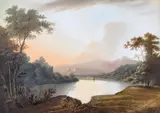 A house on a lake at dusk; Peasants by a river at dusk Two, one signed Watercolour with bodycolour 29.5 x 41.5cm and similar (2) by J. West, Watercolour with bodycolour, sold Dec 2015