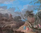 Figures at dusk in an Italianate landscape Signed and dated 1685 Bodycolour with gum arabic, possibly on vellum 10.2 x 12.5cm by Pierre-Antoine Patel, 1685, watercolor, sold Dec 2015