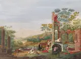 Domestic fowl among ruins; Swans and birds by a lake Two, both bodycolour Each 27 x 37cm (2) by Cornelis Holsteyn, watercolor, offered Dec 2015
