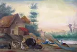 Domestic fowl by ponds Two, one signed Both bodycolour on vellum Each 29 x 43cm (2) by H. Locnen, watercolor, offered Dec 2015