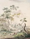 Farmers and livestock in river landscapes Two, both signed Both watercolour 19.75 x 15.25cm (2) by Johannes Jansen, watercolour, offered Dec 2015