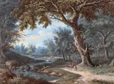 Travellers in a wooded river landscape Bodycolour 15.25 x 20.5cm With another of a chapel on a river (2) by Jacob Bürgi, watercolor, offered Dec 2015