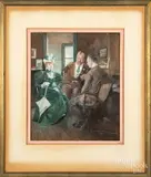 illustration figure in an office by Frederic Rodrigo Gruger, watercolor and gouache, sold Jul 2019