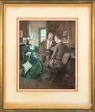 illustration figure in an office by Frederic Rodrigo Gruger, watercolor and gouache, offered Jun 2019
