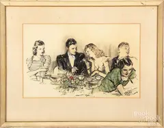 illustration of figures at a table by Henry Patrick Raleigh, mixed media, sold Jun 2019