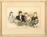 illustration of figures at a table by Henry Patrick Raleigh, mixed media, sold Jun 2019