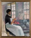 of a woman peeling apples by Mildred Bunting Miller, oil on canvas, sold Jun 2019