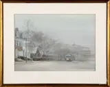 street scene with a trolley by Paul Rickert, watercolor, sold Jun 2019