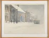street scene with a trolley by Paul Rickert, watercolor, sold Jun 2019