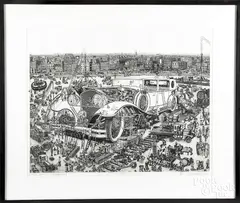 titled Gulliver's Packard by Bruce McCombs, etching, sold May 2019