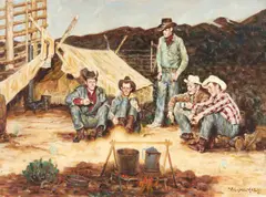 Western Camp by Wendell Hall, 1981, oil on canvas (unstretched), sold Jan 2022