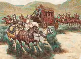 Stagecoach Attack by Wendell Hall, oil on canvas (unstretched), sold Jan 2022