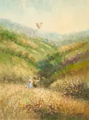 Kite Flying by Laszlo Ritter, oil on canvas (unstretched), sold Jan 2022