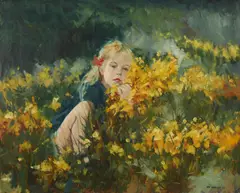 Gathering Daffodils in the Field by Louis van der Beesen, oil on canvas (unstretched), sold Jan 2022