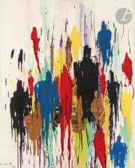 Foule by Bernard Quentin, 1960, Huile et collage sur toile, sold Sep 2023