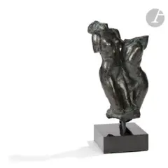 Assemblage : Femme damnée, bras coupé et sans tête (dite aussi La Prière) et Nu féminin agenouillé, le modèle créé vers [1910] by Auguste Rodin, Épreuve en bronze patiné noir nuancé de vert antique, sold Sep 2023