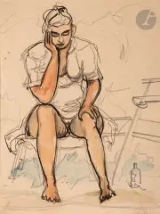 La Fille aux pieds dans l’eau by Jean Hélion, 1945, Aquarelle, encre et crayons, sold Sep 2023