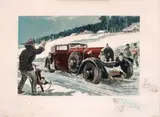 Le Rallye de Monté Carlo à la Hotchiss victorieuse, Suède 1932 by Géo Ham, Lithographie en couleur avec remarque dans la marge, sold Apr 2013