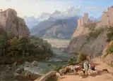 Paysage de montagne, chemin animé longeant un torrent by Philip Hutchins Rogers, 1845, Toile signée, sold Mar 2013