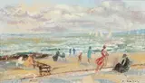 Plage animée à Deauville by Emilio Grau Sala, Toile signée en bas à droite, contresignée et située au dos, sold Jun 2015