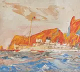 nommé P.O.M en 1922 L'île de Beauté passant les Sanguinaires by Bernard Lachèvre, Gouache sur papier, avant-projet d'affiche pour la Cie Fraissinet (voir au dos), sold Apr 2024