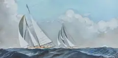 nommé P.O.M en 1918 Deux yachts en régate by Léon Haffner, Gouache au pochoir, sold Apr 2024