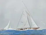 nommé P.O.M en 1918 Deux yachts en régate by Léon Haffner, Gouache au pochoir, sold Apr 2024