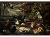 Stattliches Vogelstück mit Pfau, Rosen und Parkanlage by David de Coninck, oil on canvas, sold Jun 2024