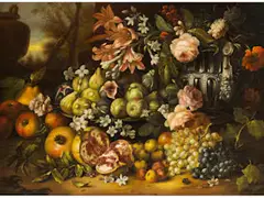 Früchte- und Blumenstillleben mit Silbergefäss by Abraham Brueghel, oil on canvas, offered Dec 2024