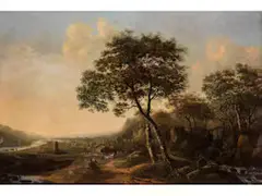 Weite Flusslandschaft im Abendlicht by Jan Hackaert, oil on canvas, sold Dec 2024