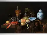 Prunkstillleben mit Wanliporzellan, Hummer, Früchten und Gefässen by Claes Bergoijs, oil on canvas, offered Mar 2024