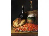 Stillleben mit Brot und Erdbeeren by Luis Egidio Meléndez, oil on canvas, sold Jun 2024