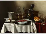 Stillleben mit Einer mit Erdbeeren Gefüllten Chinaschale, Umgeben von Kanne, Becher, Weingläsern und Brot by Adriaen Jansz Kraen, oil on panel, sold Sep 2023
