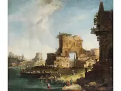 Ruinen-ideallandschaft mit Meeresbucht, Kähnen und Figurenstaffage by Michele Marieschi, oil on canvas, sold Mar 2025