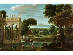 Parklandschaft mit Kanal und Figuren by Domenichino, oil on panel, sold Dec 2020