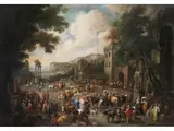 Markttreiben Zwischen Gebäuden und Ruinen by Pieter van Bredael, oil on canvas, sold Mar 2022