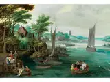 Fischerdorf am Fluss mit Staffagefiguren by Jan Brueghel d.J., oil on copper, sold Jul 2018