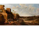 Bäuerliches Feierabendtreiben vor Einem Ruinösen Wirtshaus in Weiter Landschaft by Joost Cornelisz. Droogsloot, oil, offered Jul 2017