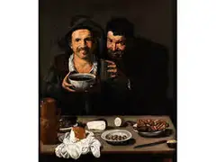 Zwei Bäuerliche Männer vor Einem Tisch mit Arrangierten Speisen by Francisco de Burgos Mantilla, oil on canvas, sold Mar 2015