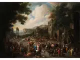 Markttreiben Zwischen Gebäuden und Ruinen by Pieter van Bredael, oil on canvas, sold Sep 2018